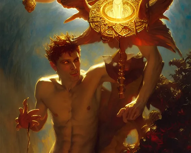 Image similar to attractive male deity, casting demonic magic, summoning handsome lucifer morning star. highly detailed painting by gaston bussiere, craig mullins, j. c. leyendecker 8 k