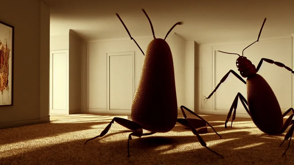 Image similar to the giant ant in the living room, film still from the movie directed by Denis Villeneuve with art direction by Salvador Dalí, wide lens