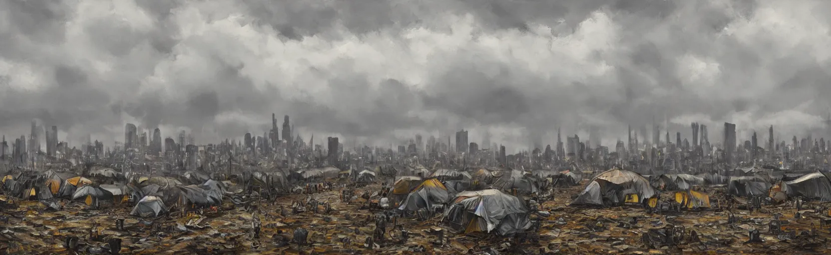 Prompt: cloudy, grey skies, american knights, tent camp in foreground, fortress city of office buildings in background upon hill, post apocalyptic, grungy; oil on canvas, artstation