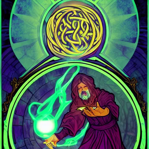 Image similar to a warlock is casting a magic spell while with magic orb floating in his hand , dynamic pose, chromatic aberration , medium level shot, Mucha style , Grim fantasy, illustration ,concept art,