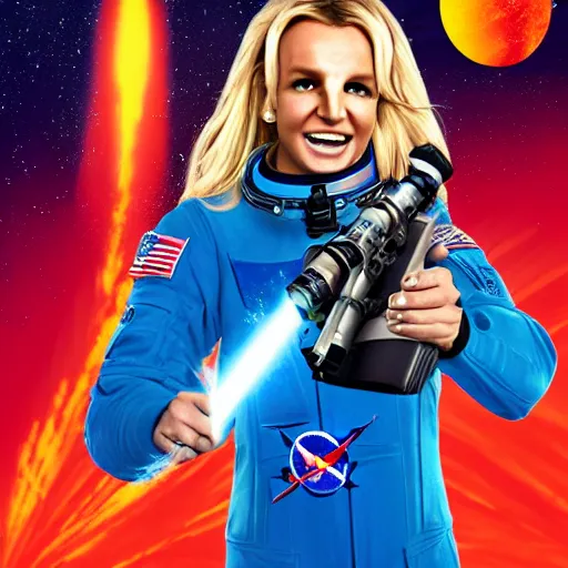 Image similar to of a dynamic movie poster of britney spears as a hero sci fi space cosmonaut holding a raygun in a nice action pose, there is an explosion on the background of a space station blowing britney's hair and lighting her with a rim light, she is laughing, f 2. 8, advertising studio lighting,