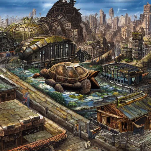 Image similar to fantasy city on a giant tortoise's back while the tortoise walks through a wasteland. The city has streets and markets, Realistic. Hyper detailed.