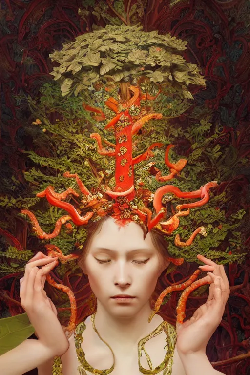 Prompt: breathtaking detailed concept art painting of the goddess of rafflesia arnoldii flowers, orthodox saint, with anxious, piercing eyes, ornate background, amalgamation of leaves and flowers, by Hsiao-Ron Cheng, extremely moody lighting, 8K