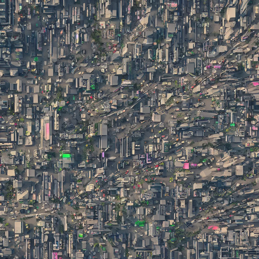 Image similar to eagle-eye view of single street. Cyberpunk futurepunk advanced civilisation. future cars.