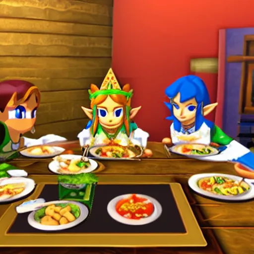 Prompt: king of hyrule eating dinner in the style of [ [ [ zelda ] ] ] cdi