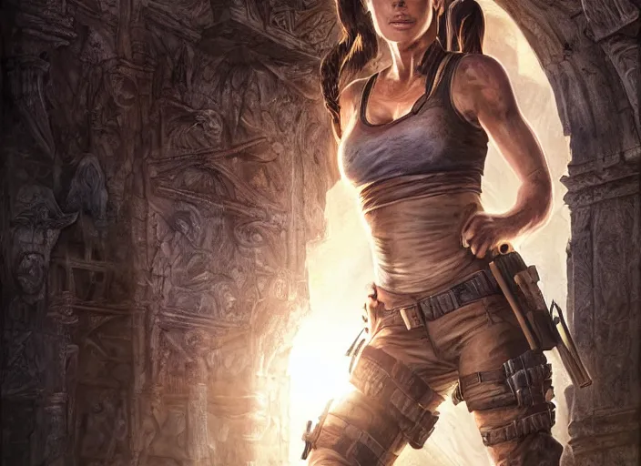 Image similar to face portrait of concentrated young Sandra Bullock as Lara Croft with pig-tails entering an incredible epic ruin, glorious sun beams, intricate, elegant, highly detailed, digital painting, short focus, illustration, Allan Lee, John Howe