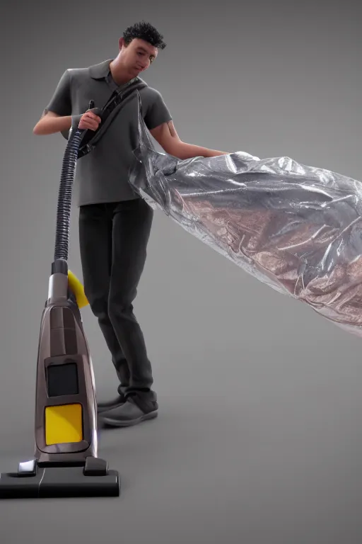 Image similar to photo of a person vacuum packaged in a plastic bag, hyper realistic, 8k, trending on cgisociety, unreal engine