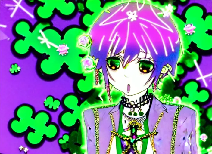 Prompt: baroque bedazzled gothic royalty frames surrounding a hologram of decora styled green haired yotsuba koiwai wearing a gothic spiked jacket, background full of lucky clovers, crosses, and shinning star doodles, holography, irridescent