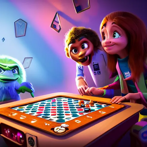 Image similar to ludo game in a different world, ludo in space, game, highly detailed, photorealistic, disney pixar, smooth, octane render, iridescent, 8 k