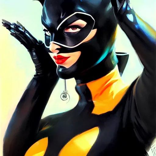 Image similar to Greg Manchess portrait painting of Catwoman as Overwatch character, medium shot, asymmetrical, profile picture, Organic Painting, sunny day, Matte Painting, bold shapes, hard edges, street art, trending on artstation, by Huang Guangjian and Gil Elvgren and Sachin Teng