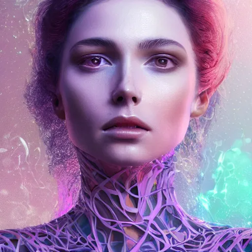 Prompt: a highly detailed digital image of an elegantly posed futuristic woman beautifully intertwined in chromatic liquid like leaves, by Andrew Chiampo, artstation, and Frederik Heyman, extremely detailed woman, stunning volumetric lighting, hyper realism, fantasy 4k