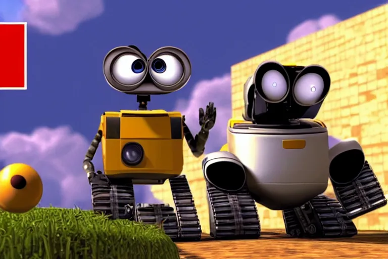 Prompt: wall - e in super mario 6 4, heavy detailed, ultra high definition quality, yakuza game engine graphics