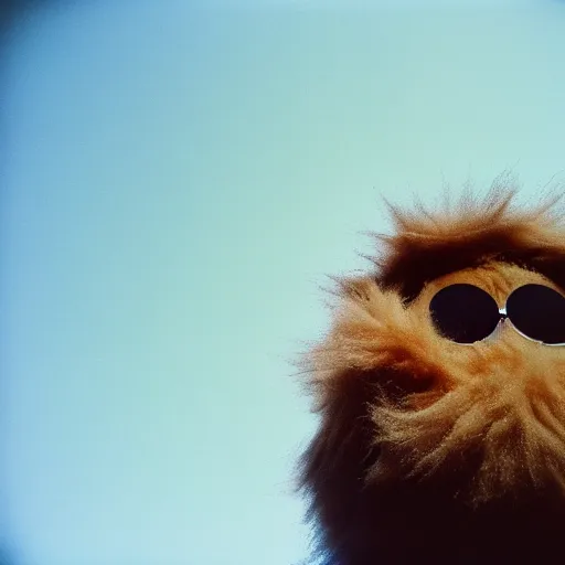 Image similar to fluffy monster, view from bottom to top, 35 mm lens