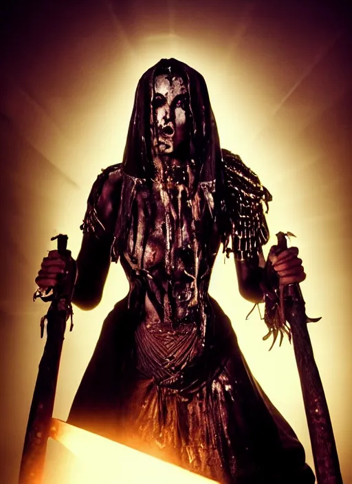 Prompt: movie frame with Monica As egiptian priest, fight with glowing spear , looks directly at camera, vertical composition, inspired by monster hunter and dark fantasy and fashion, beautiful body, clean brutal blooded symmetrical face, brutal bloody and sluty make up, epic,dramatic lighting, cinematic, establishing shot, extremely high detail, photorealistic, brutal, provocative , cinematic lighting, artstation, octane render, dark fantasy ,old photo, waist up, vintage, black and white, Boris vallejo, sepia, old photography, documentary photography