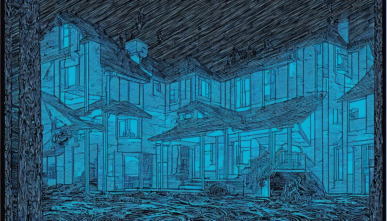 Image similar to blue lit raven lair by dan mumford and peter doig and edward hopper, symmetrical, minimal, black ink, thick lines highly detailed, muted colours 8 k