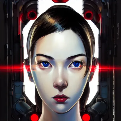 Prompt: A cyborg girl with big and cute eyes, fine-face, realistic shaded perfect face, fine details. red, black and white robotic parts. realistic shaded lighting poster by Ilya Kuvshinov katsuhiro otomo ghost-in-the-shell, magali villeneuve, artgerm, Jeremy Lipkin and Michael Garmash, Rob Rey and Kentarõ Miura style, trending on art station