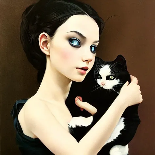 Prompt: a painting of a woman holding a cat, a photorealistic painting by tran nguyen and ilya kuvshinov, featured on deviantart, gothic art, goth, gothic, detailed painting