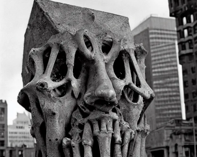 Image similar to by francis bacon, vivian maier, mystical photography evocative. an intricate fractal concrete and steel carved sculpture of the secret faces of god and a pile of bones, standing in a city center.