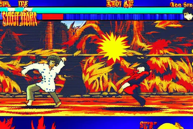 Image similar to bob ross as a character in street fighter arcade game