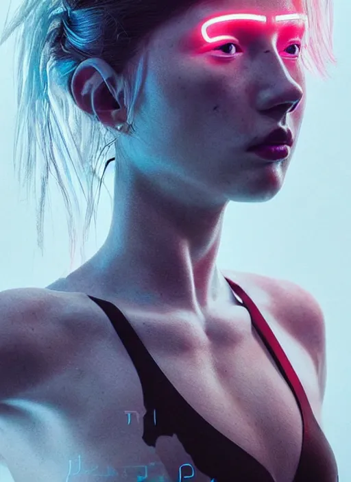 Image similar to a sensual scandinavian female humanoid with freckled cheeks, cyber neon lighting, futurism, intricate futuristic jewelry accessories, cyberpunk glossy white latex swimsuit, profile posing, hyper photorealistic, crispy quality, digital photography, trending in artstation, trending in pinterest, cinematic, 4 k ultra hd, art by pascal blanche, art by greg rutkowski,