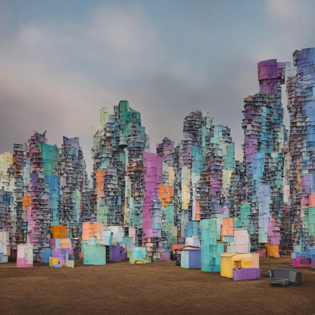 Image similar to two towers made up of colourful makeshift squatter shacks, pastel tones, plain uniform sky at the back, misty, mamiya rb 6 7, ultra sharp, very detailed, photographed by zaha hadid