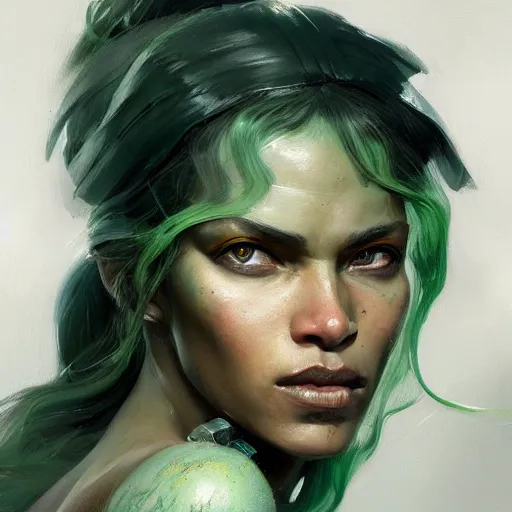Prompt: A head-on detailed oil fantasy portrait of a black woman with pale green eyes and long white hair by greg rutkowski, trending on artstation, dungeon and dragons art