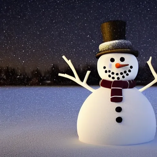 Image similar to a highly detailed 3 d render of a snowman made entirely out of beans on a snowy winter night, lit by a dim streetlight, evocative, profound