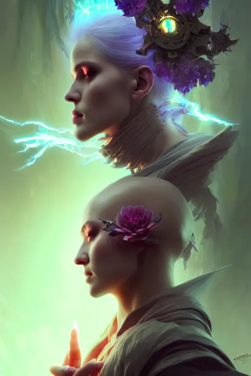 Image similar to beautiful necromancer girl, sorceress turning into flowers, three - dimensional rendering, hyperrealistic detailed portrait holding light and electricity, ruan jia, clap. scifi, fantasy, magic the gathering, overdetalized, octane rendering, concept art by artgerm, peter murbacher