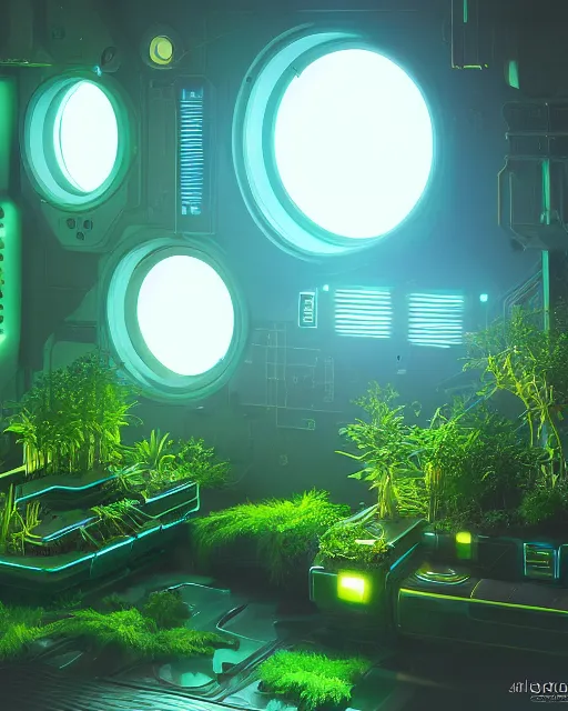 Image similar to Solarpunk gaming PC, futuristic utopia, scifi, green plants, blue light, small room, fine details, atmosphere, glow, extreme realistic, trending on artstation