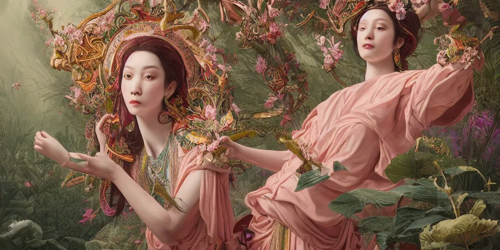 Image similar to breathtaking detailed concept art painting of the goddess of flamingo, orthodox saint, with anxious, piercing eyes, ornate background, amalgamation of leaves and flowers, by Hsiao-Ron Cheng and John James Audubon, extremely moody lighting, 8K