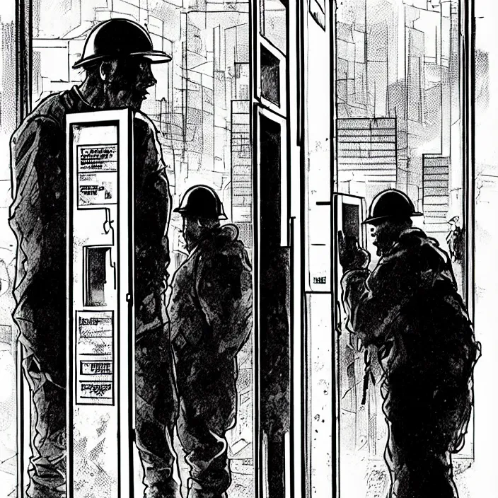 Image similar to weary miners look at opaque phone booths. storyboard, scifi cyberpunk. by gabriel hardman, joe alves, chris bonura. cinematic atmosphere, detailed and intricate, perfect anatomy