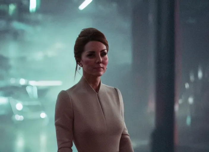 Image similar to a pov shot, color cinema film still kate middleton in blade runner 2 0 4 9, cinematic lighting at night.