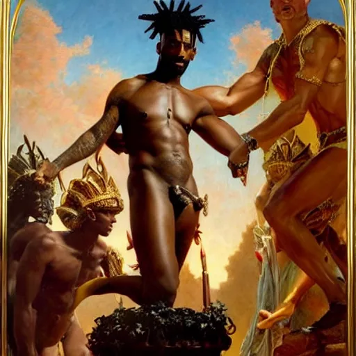 Prompt: 2 1 savage accuses travis scott of betrayal! zeus sits on the throne of olympus, heavenly marble, ambrosia served on golden platters, painting by gaston bussiere, craig mullins, j. c. leyendecker, tom of finland