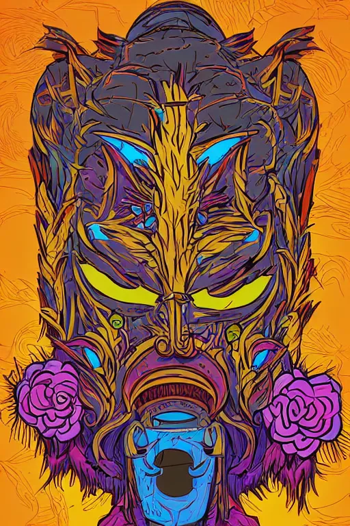 Image similar to animal mask totem roots flower tribal feather gemstone plant wood rock shaman vodoo video game vector cutout illustration vivid multicolor borderlands comics by josan gonzales and dan mumford radiating a glowing aura