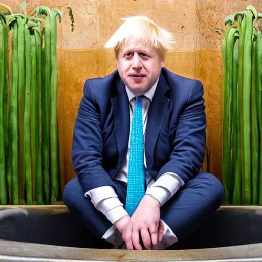 Image similar to Boris Johnson sitting inside a bathtub filled with beans, photograph