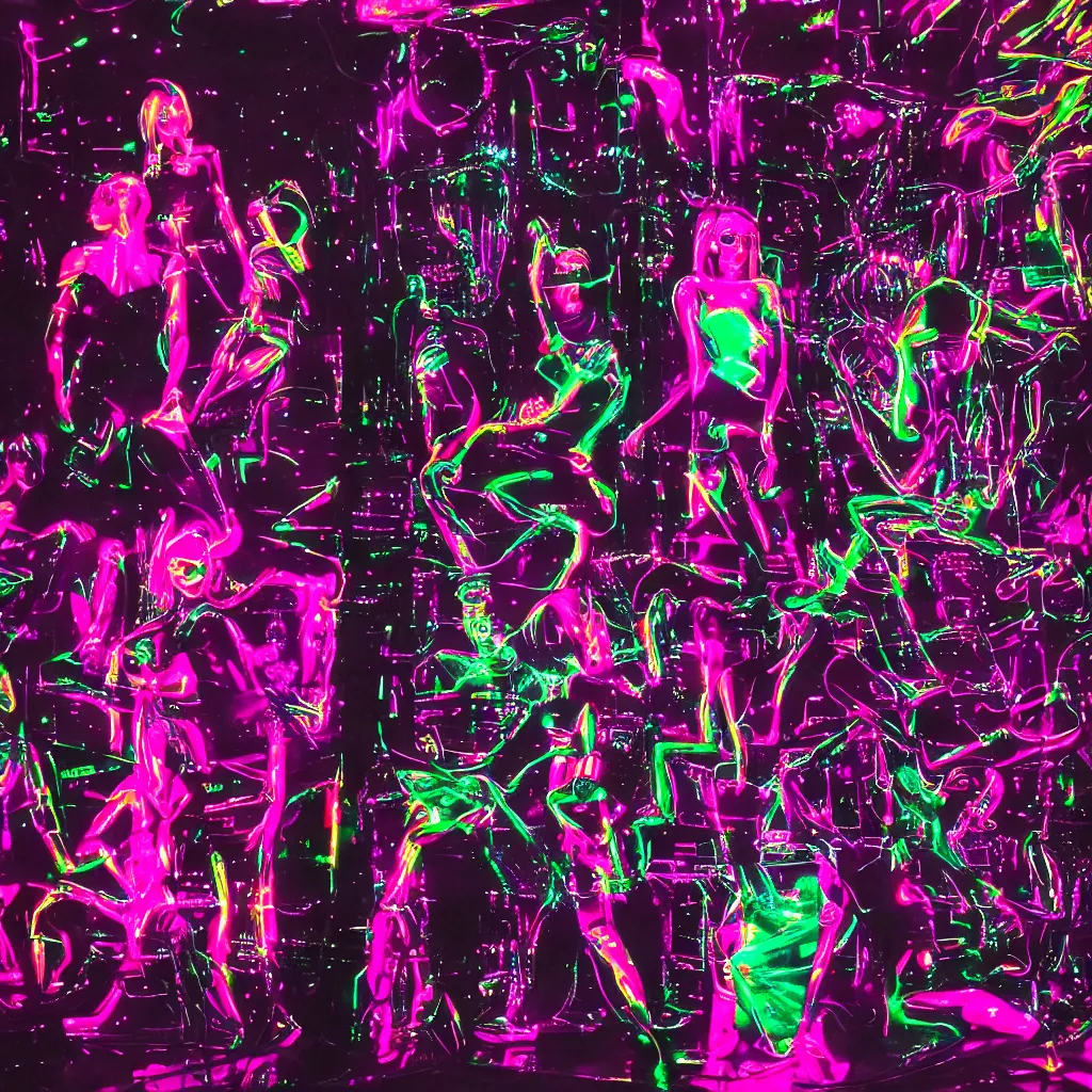 Prompt: plasticine wet shiny girls, crystal, moonlit, mirrors, camera angled dramatically, realistic, neon lasers, in nyc