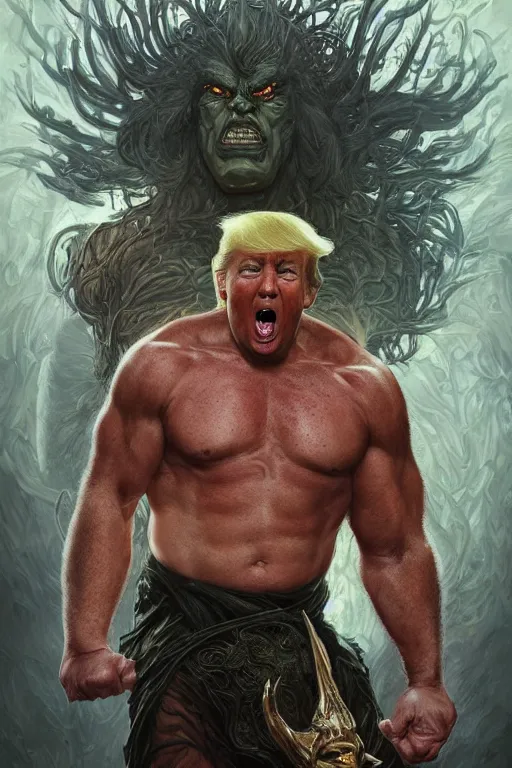 Prompt: portrait of donald trump as a hulking herculean demon, forest, godlike, full body, fantasy, intricate, elegant, highly detailed, digital painting, artstation, concept art, sharp focus, illustration, art by artgerm and greg rutkowski and alphonse mucha