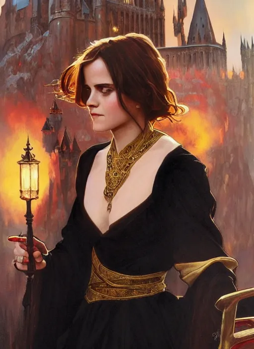 Image similar to oil painting of emma watson giving seductive look wearing black, red and gold robes. hogwarts in background beautiful detailed face. by artgerm and greg rutkowski and alphonse mucha