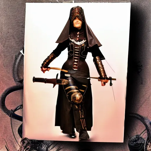 Image similar to photo of a steampunk nun warrior with holy weapons