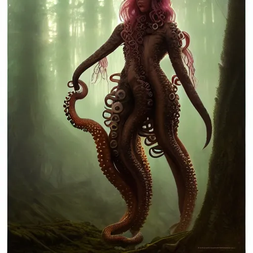 Image similar to photo of a humanoid octopus hybrid were a heroic dress an armour in the forest, long hair, highly detailed, digital painting, artstation, smooth, sharp focus, illustration, art by artgerm and greg rutkowski and alphonse mucha