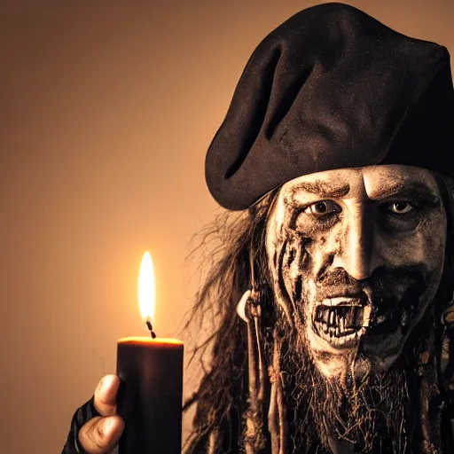 Prompt: portrait photo of a dirty rugged old pirate lord wearing dirty old black hat, black coat and a worn ans stained skull bone mask, long black beard and long black hair, dark scene with candle light, movie scene, depth of field