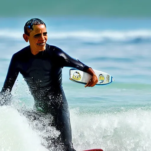 Image similar to obama surfing in rough water, holding a drink, vacation photo, high detail realistic