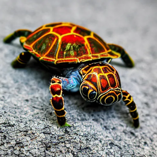 Image similar to spider turtle hybrid, bold natural colors, national geographic photography, masterpiece, in - frame, canon eos r 3, f / 1. 4, iso 2 0 0, 1 / 1 6 0 s, 8 k, raw, unedited, symmetrical balance