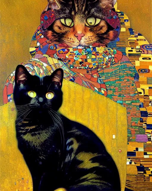 Image similar to burglar cat portrait an oil painting splashes with many colors and shapes by gustav klimt greg rutkowski and alphonse mucha, polycount, generative art, psychedelic, fractalism, glitch art