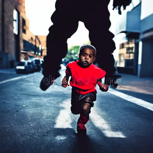 Image similar to portrait of midget kanye west running down a sidewalk, sharp focus, 4 k editorial photograph, soft lighting