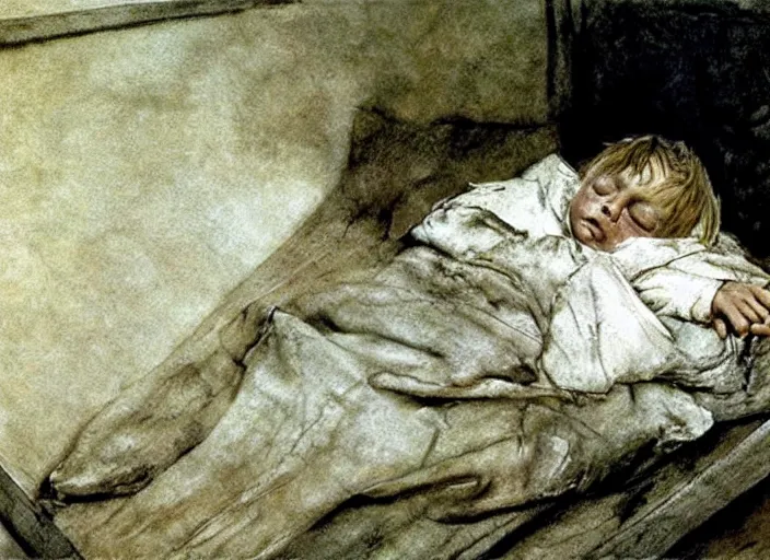 Image similar to poor child sleeping in a dirty makeshift hospital, painting by andrew wyeth and alan lee, very detailed, somber mood, realistic sad faces