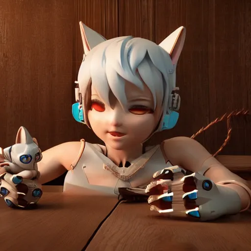 Image similar to 3 d octane render ultra 8 k photorealistic hyper detailed unreal engine an art wooden toys that represent a mythical robot your cute with cat ears