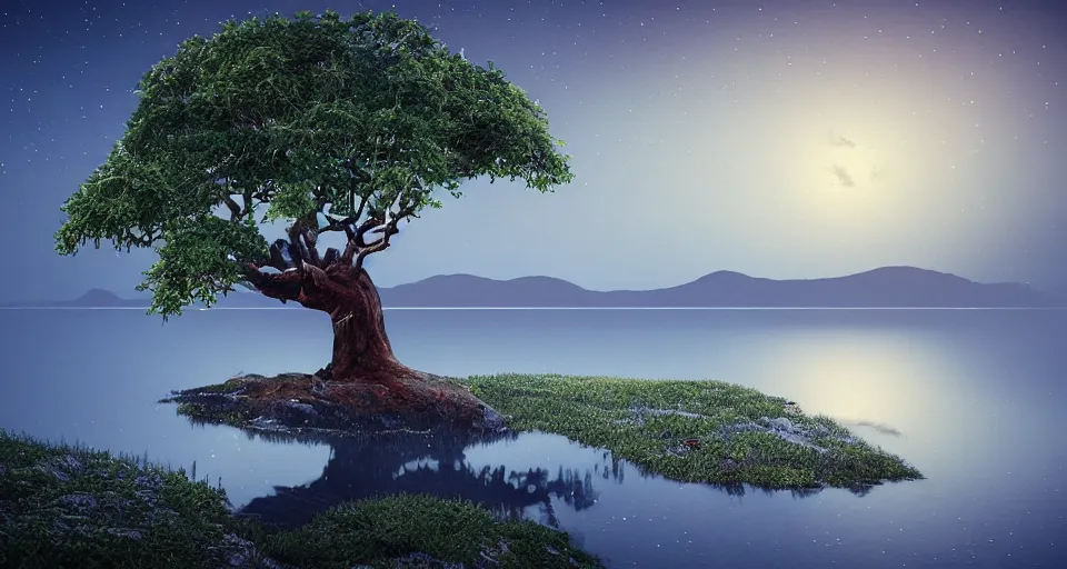 Image similar to a beautiful landscape painting of a tree on an island in a tranquil sea, reflections, night time, long exposure, hyper detailed, digital art, trending in artstation, cinematic lighting, studio quality, smooth render, unreal engine 5 rendered, octane rendered, art style by kurzgesagt and nixeu and ian sprigger and wlop and krenz cushart