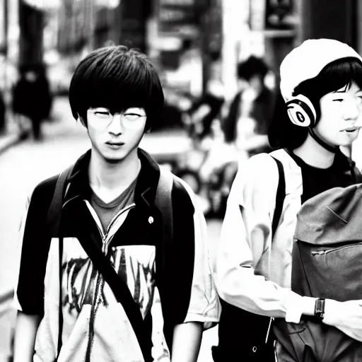 Image similar to Japanese teenagers male and female, street photography in the 80s, economic boom, punks, highly realistic, photography, photorealistic, Tokyo, fashion, wearing Sony Walkman and headphones