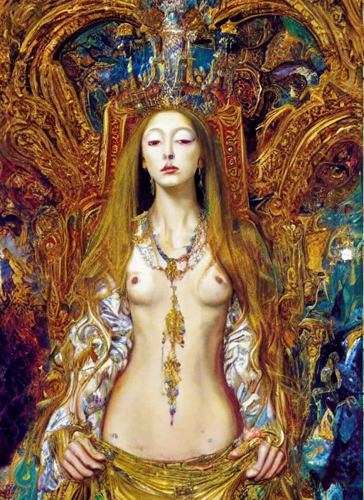 Prompt: oil painting of portait Queen of Ecstasy in a large throne room, Hungarian, by Yoshitaka Amano, by Georgia o Keeffe, by Gustave Moreau